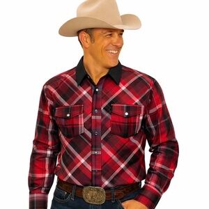 Express Men’s Fitted Snap Front Red Plaid Shirt Large 16–16.5 Button Down